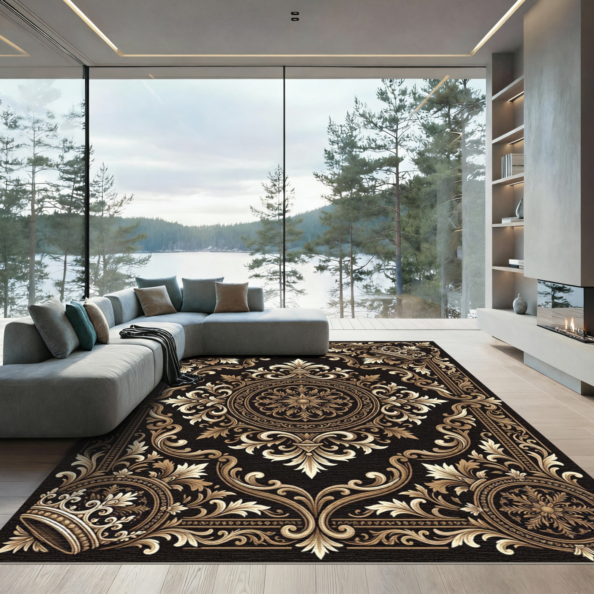 Ornate Gold Crown Scrollwork Rug