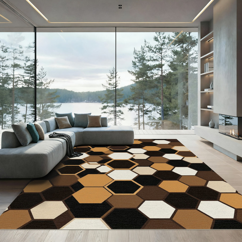 Rich Brown Hexagonal Layered Geometry Rug