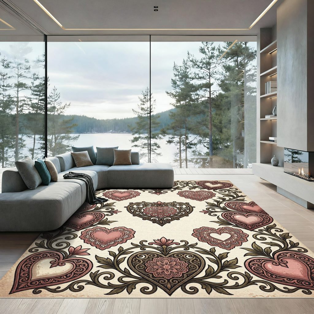 Ornate Pink Heart Scrollwork Garland Rug