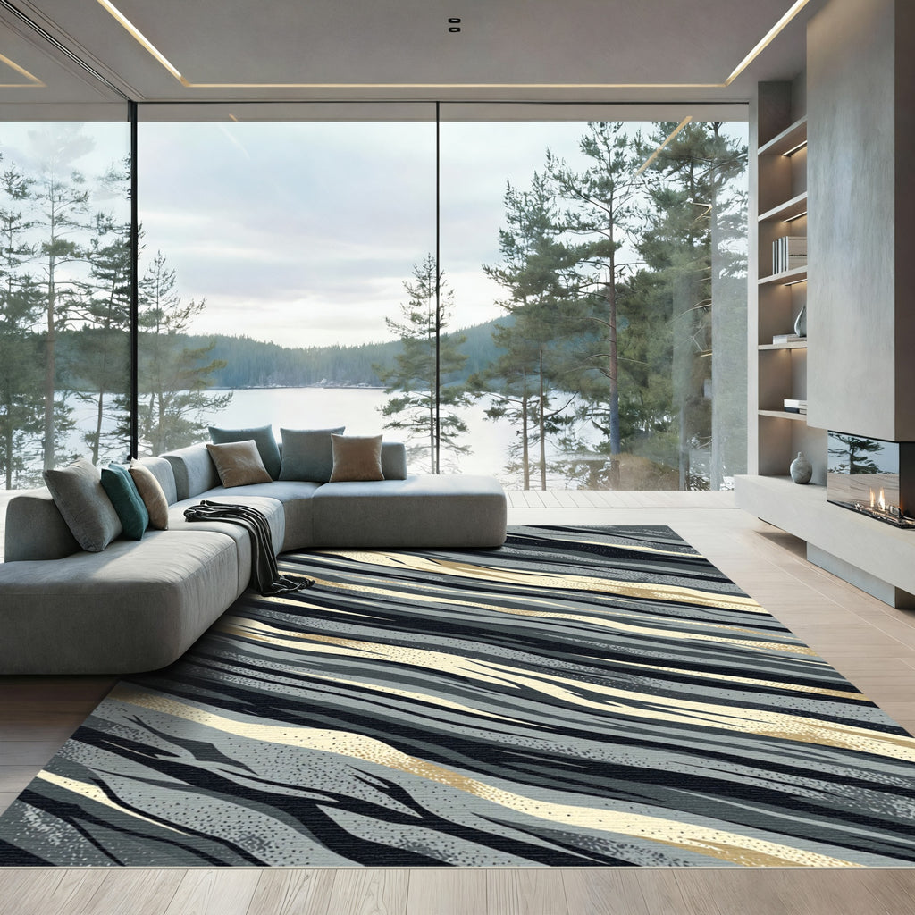 Modern Metallic Gray Abstract Wave Rug