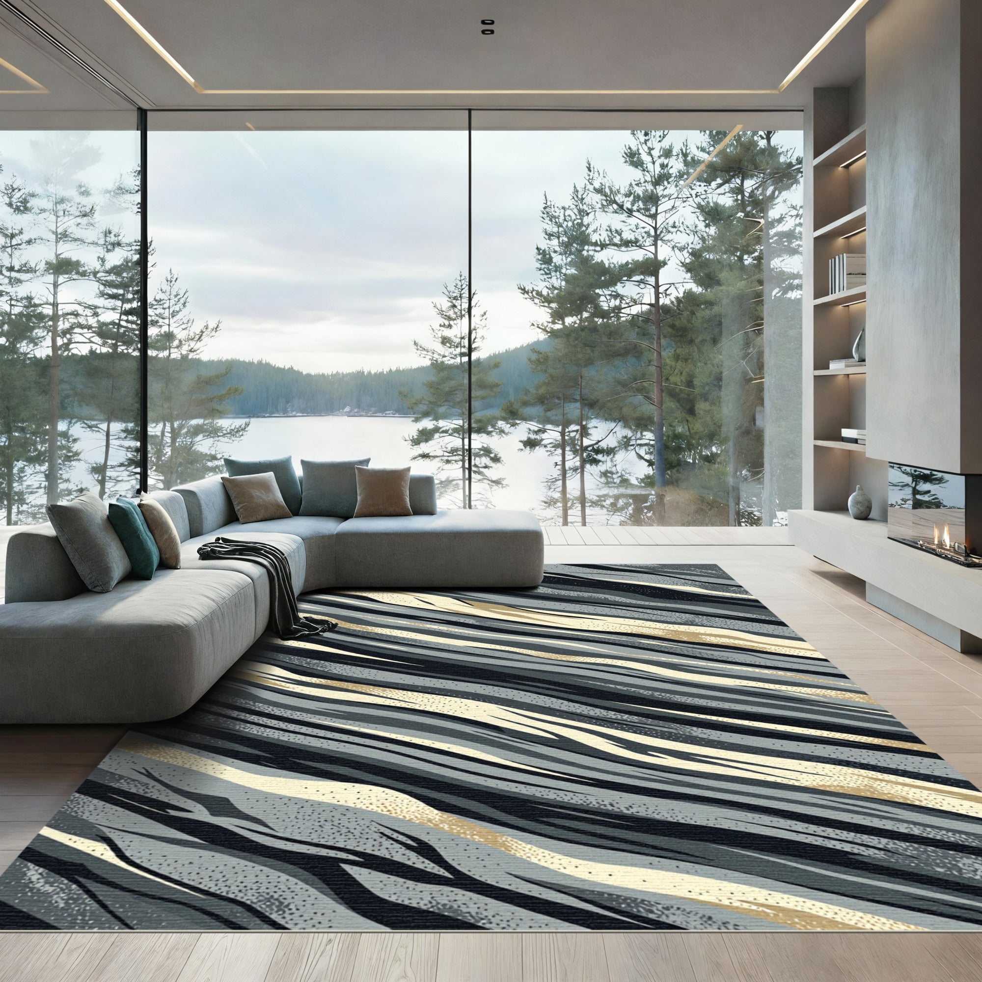 Modern Metallic Gray Abstract Wave Rug