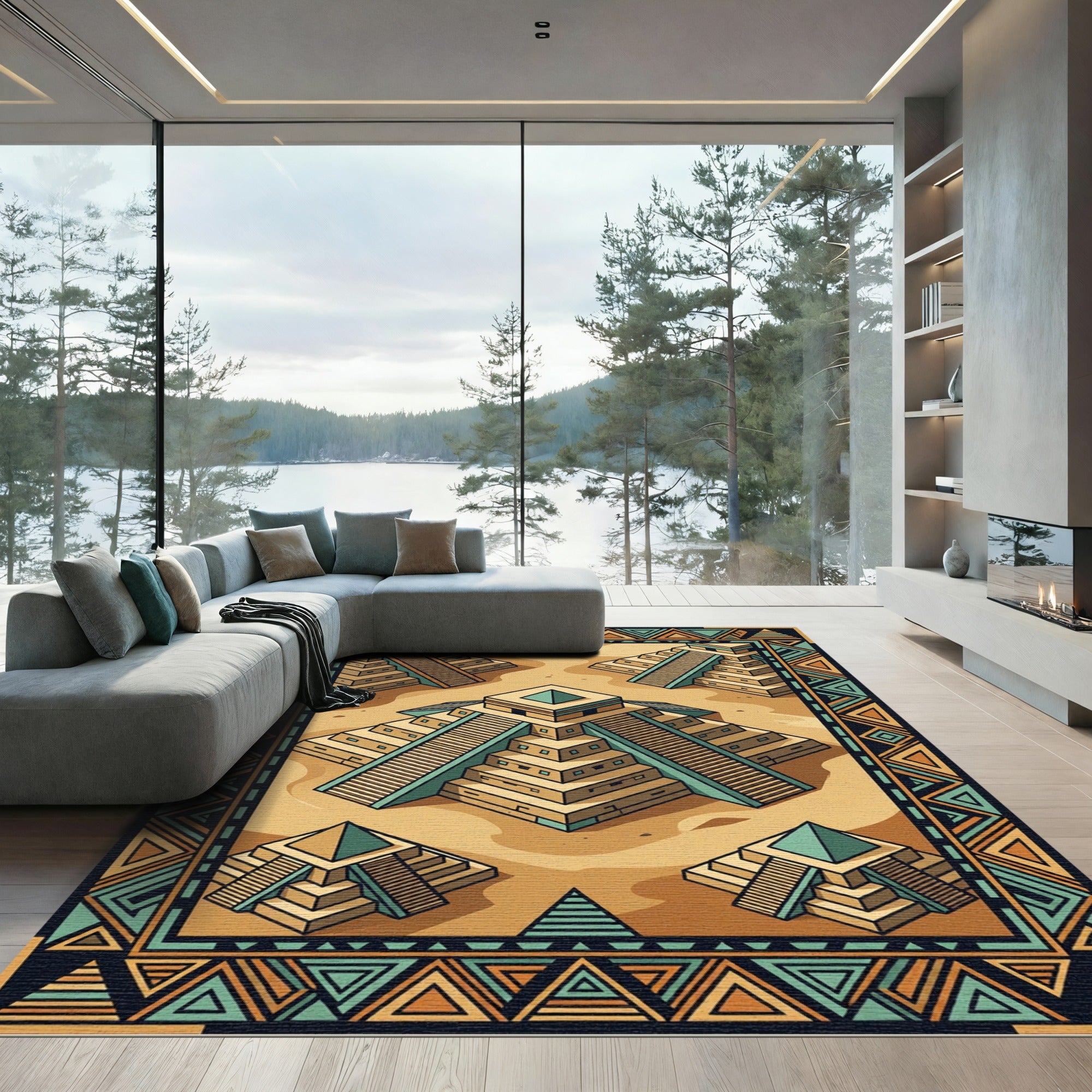 Aztec Gold Pyramids Earth Tone Geometric Rug