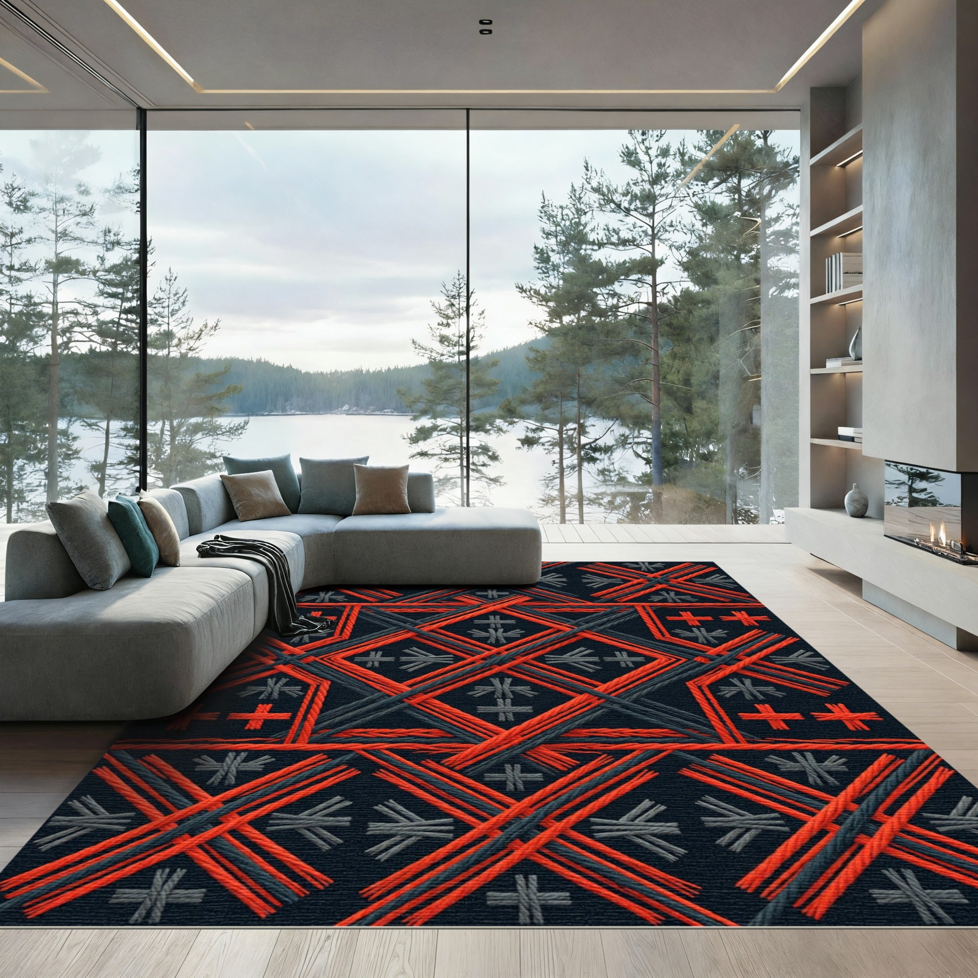 Bold Black Red Geometric Rope Weave Rug