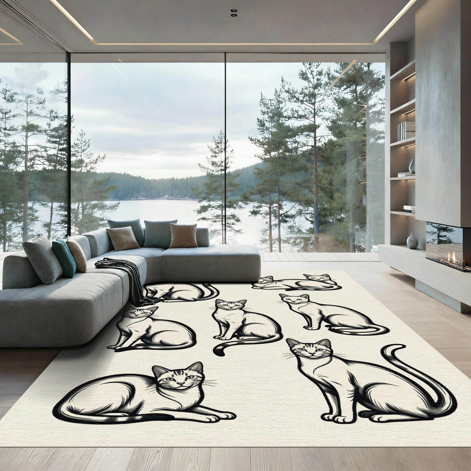 Elegant Monochrome Feline Line Art Drawing Rug