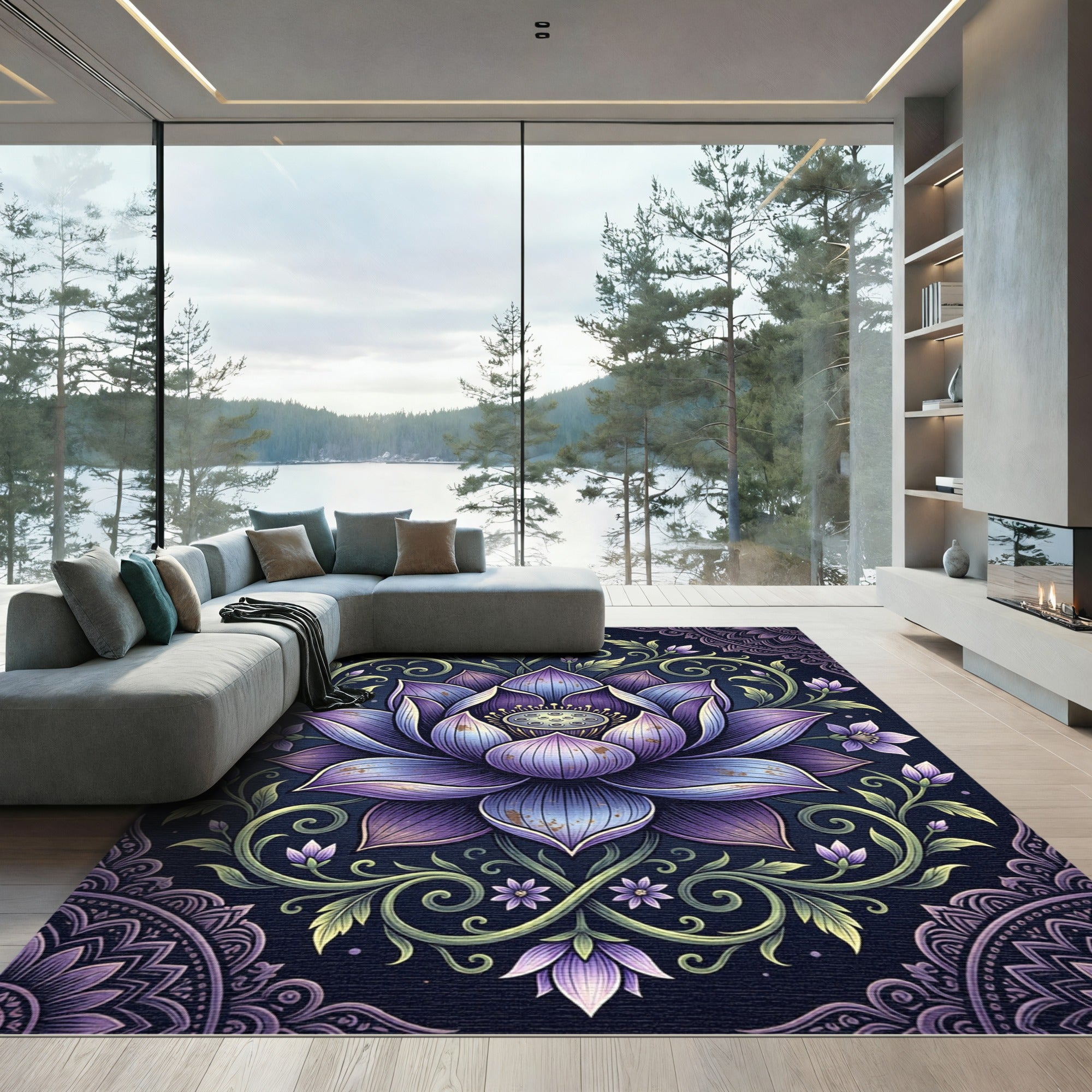 Elegant Violet Lotus Floral Mandala Rug