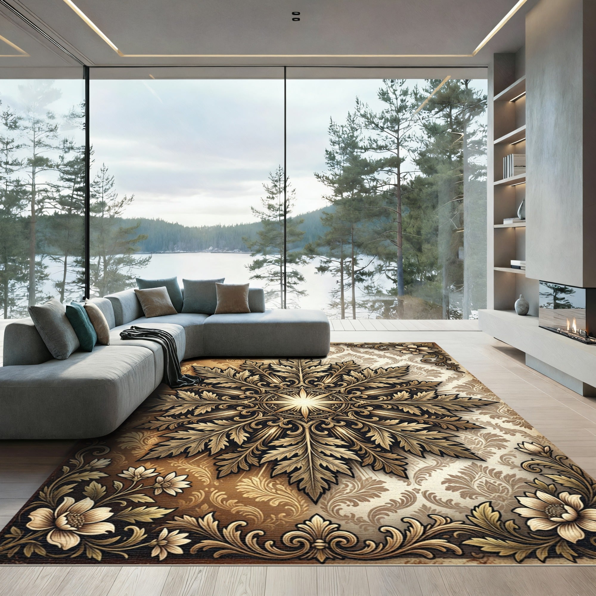 Ornate Golden Floral Medallion Radiance Rug