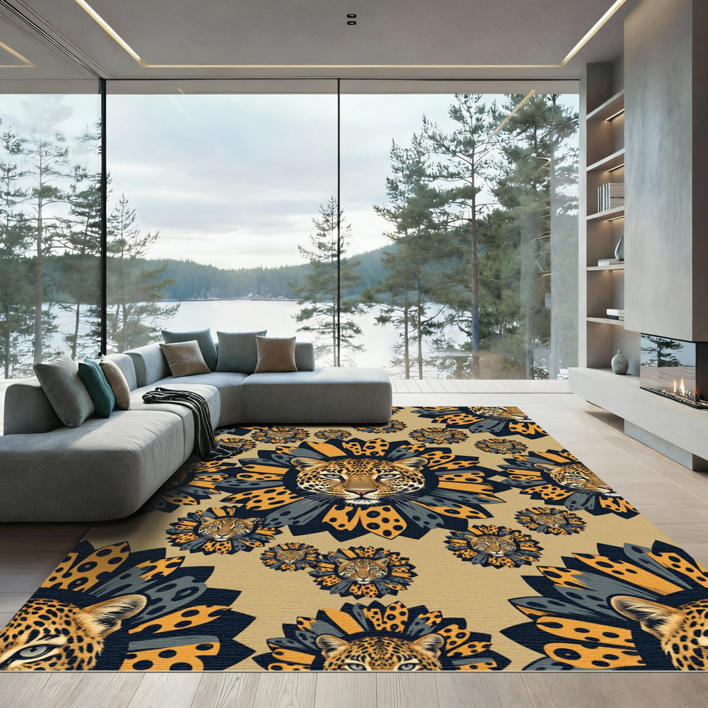 Leopard Face Sunburst Teal Gray Rug