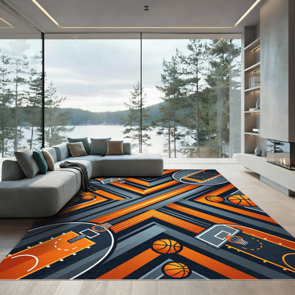 Modern Geometric Orange Basketball Court Rug