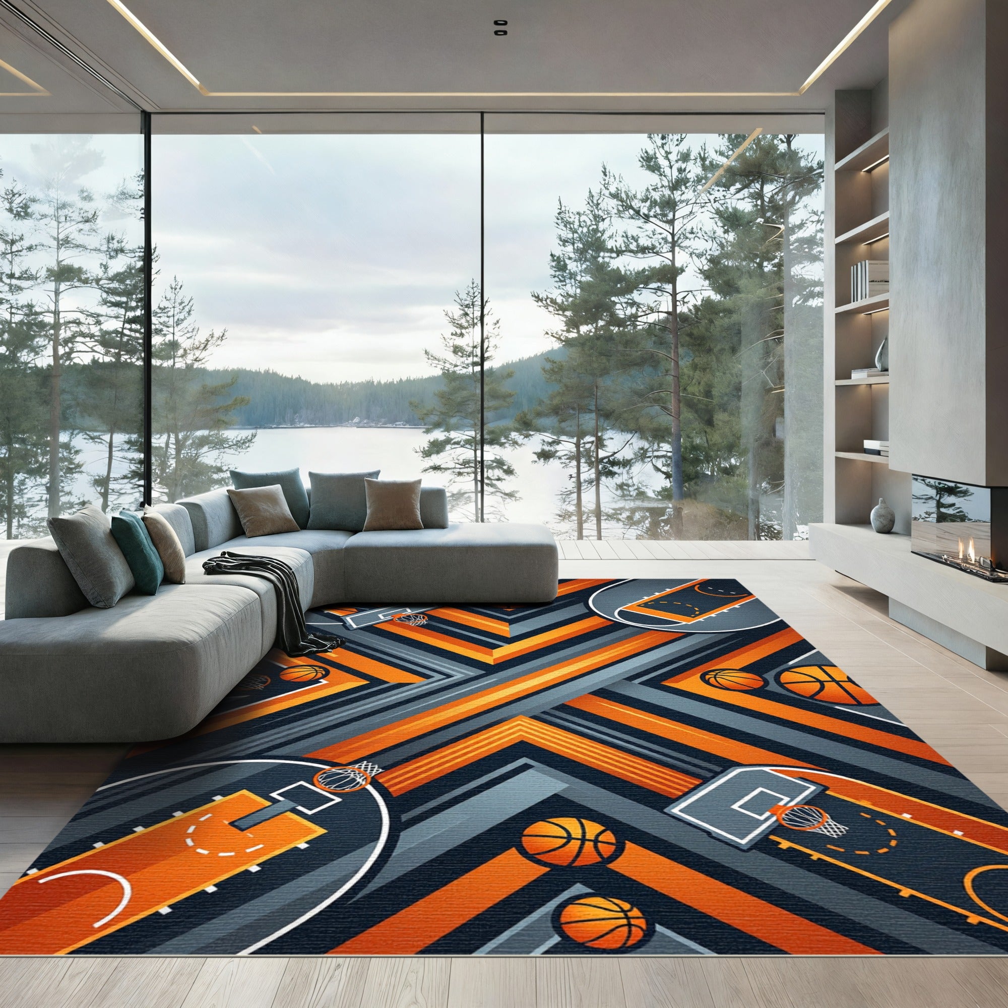 Modern Geometric Orange Basketball Court Rug