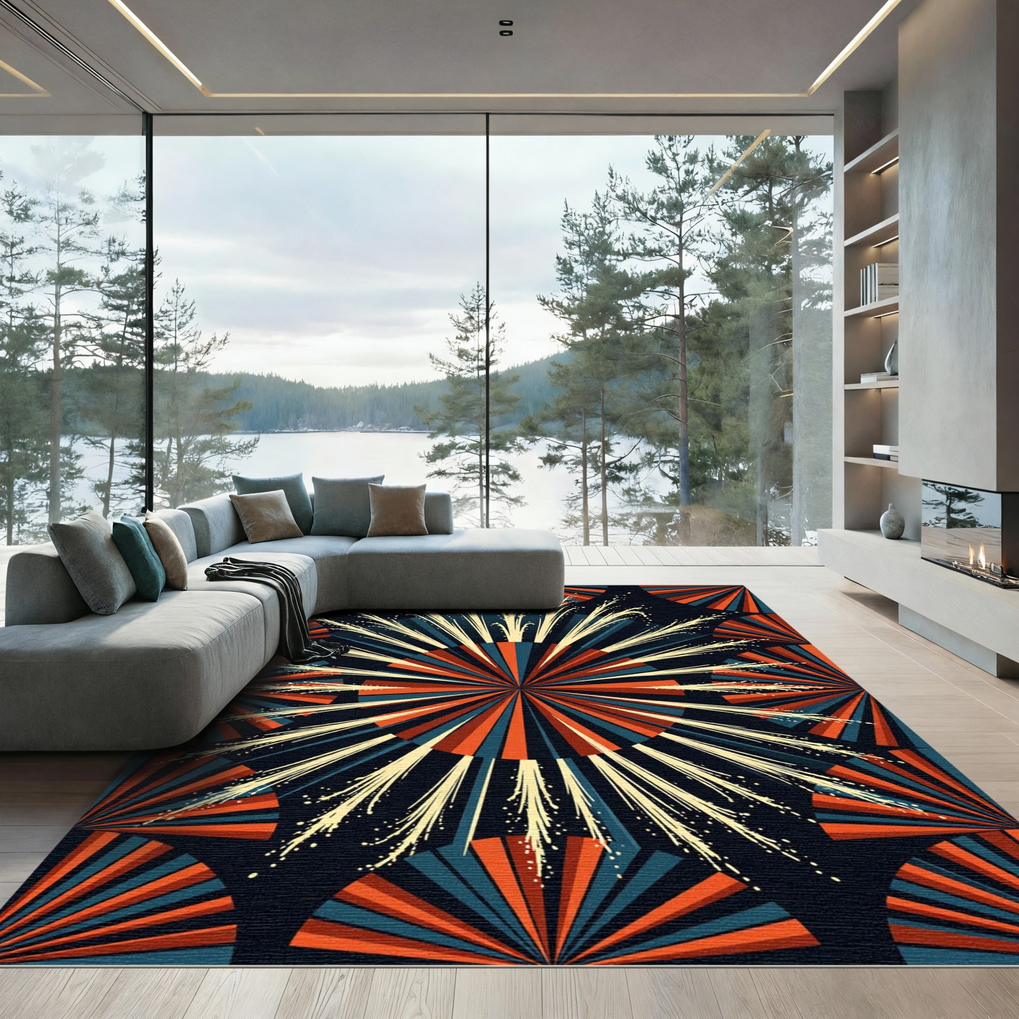Explosion burst fan red teal Rug