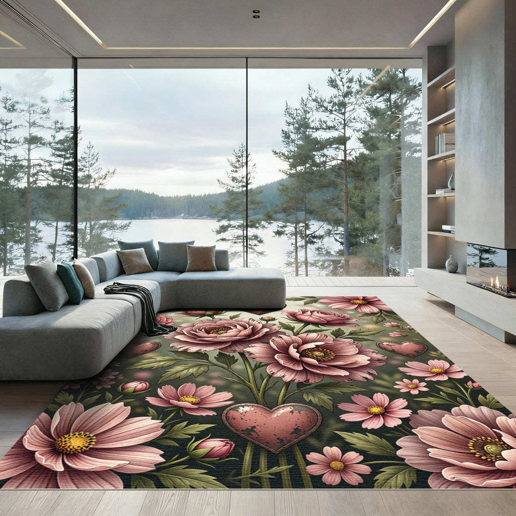 Dusty Rose Botanical Heart Garden Rug