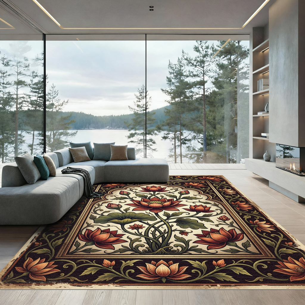 Vintage Lotus Floral Arch Illustration Rug