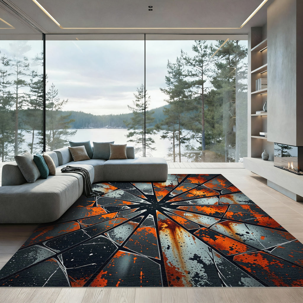 Shattered Orange Gray Geometric Splatter Rug