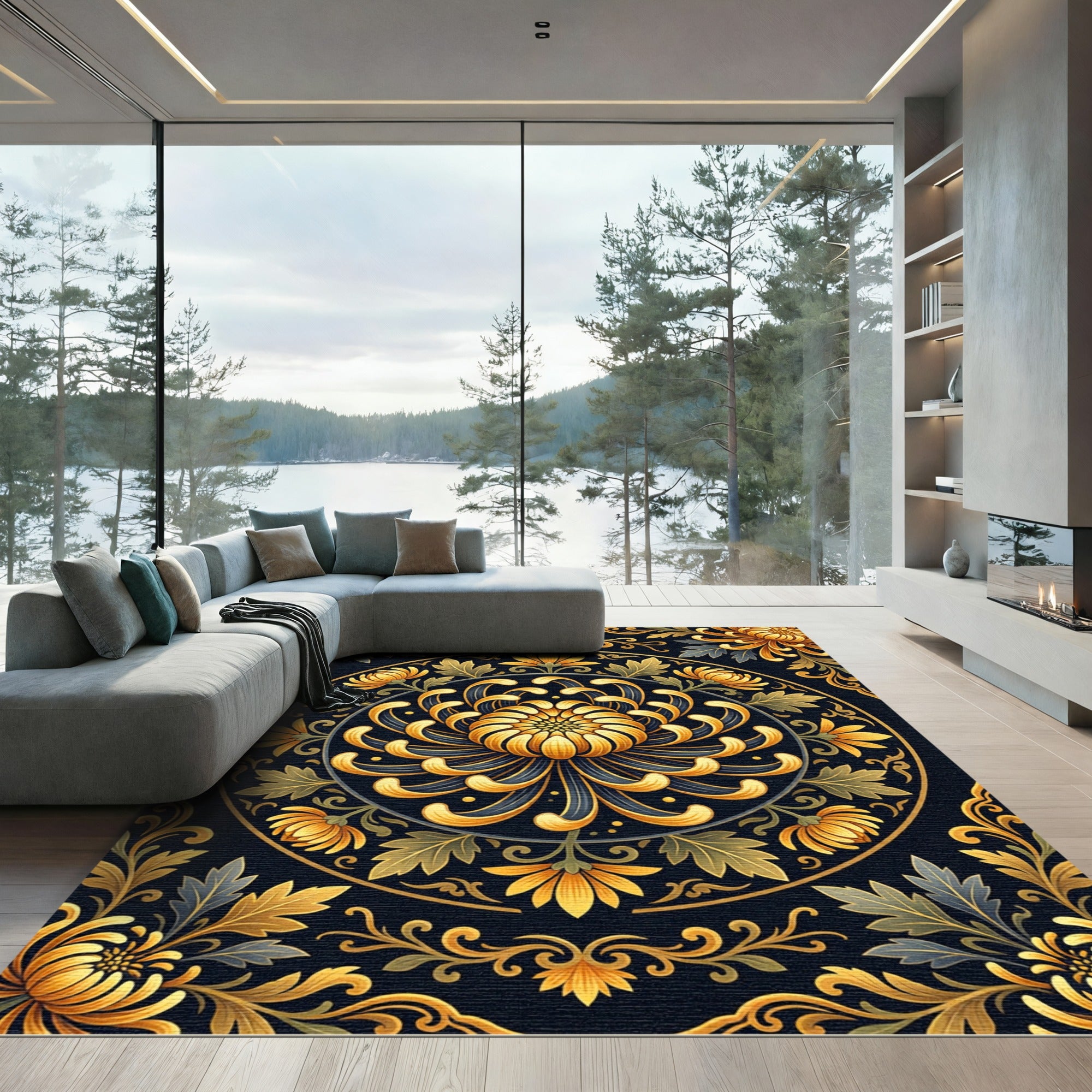 Golden Chrysanthemum Floral Medallion Rug
