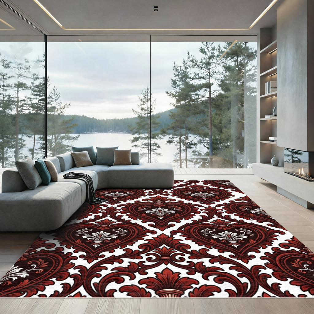 Elegant Dark Crimson Victorian Heart Damask Rug