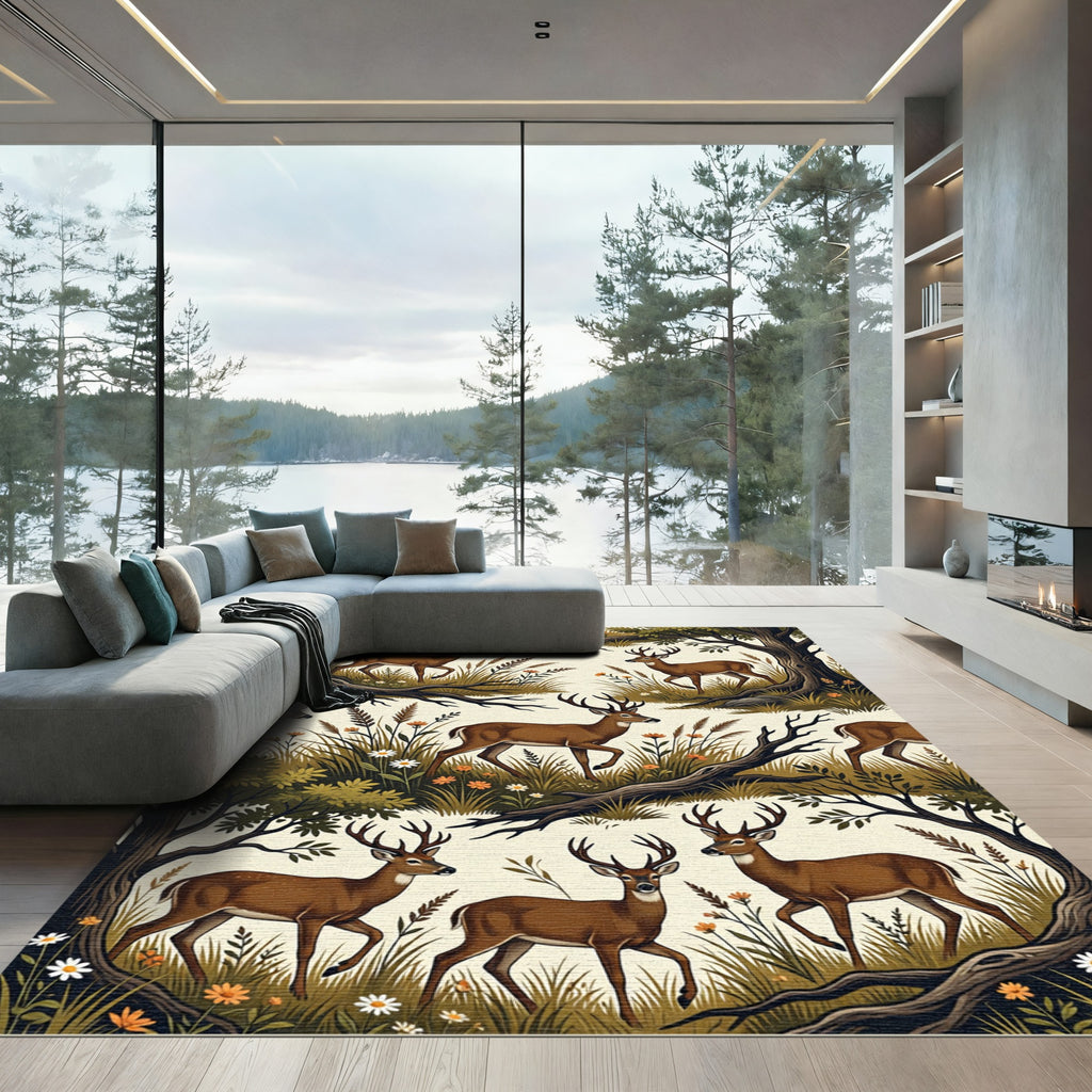 Rustic Woodland Deer Forest Meadow Rug