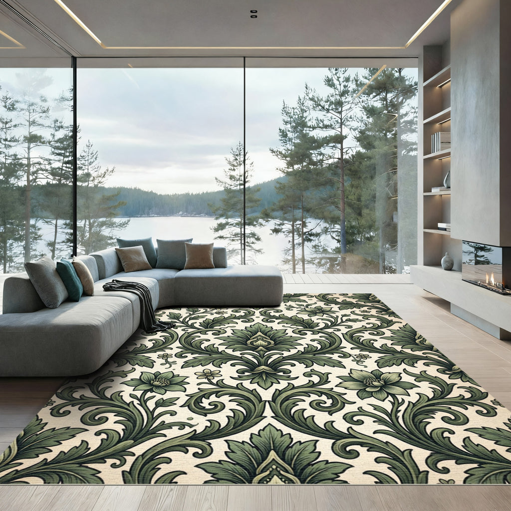 Vintage Sage Green Damask Scroll Garden Rug