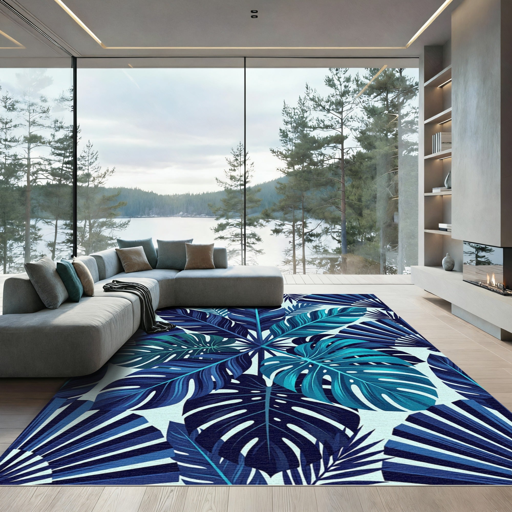 Deep Blue Tropical Leaf Fan Rug