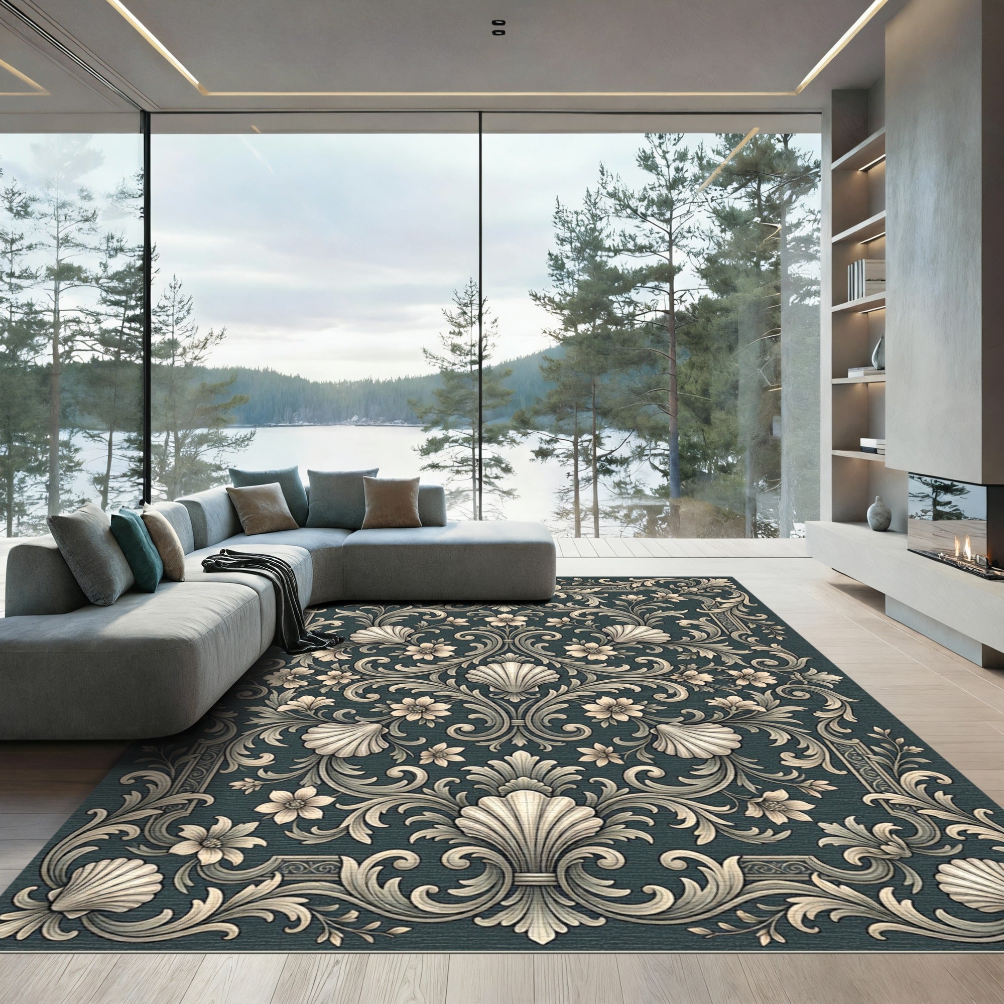 Ornate Seashell Floral Acanthus Swirl Rug