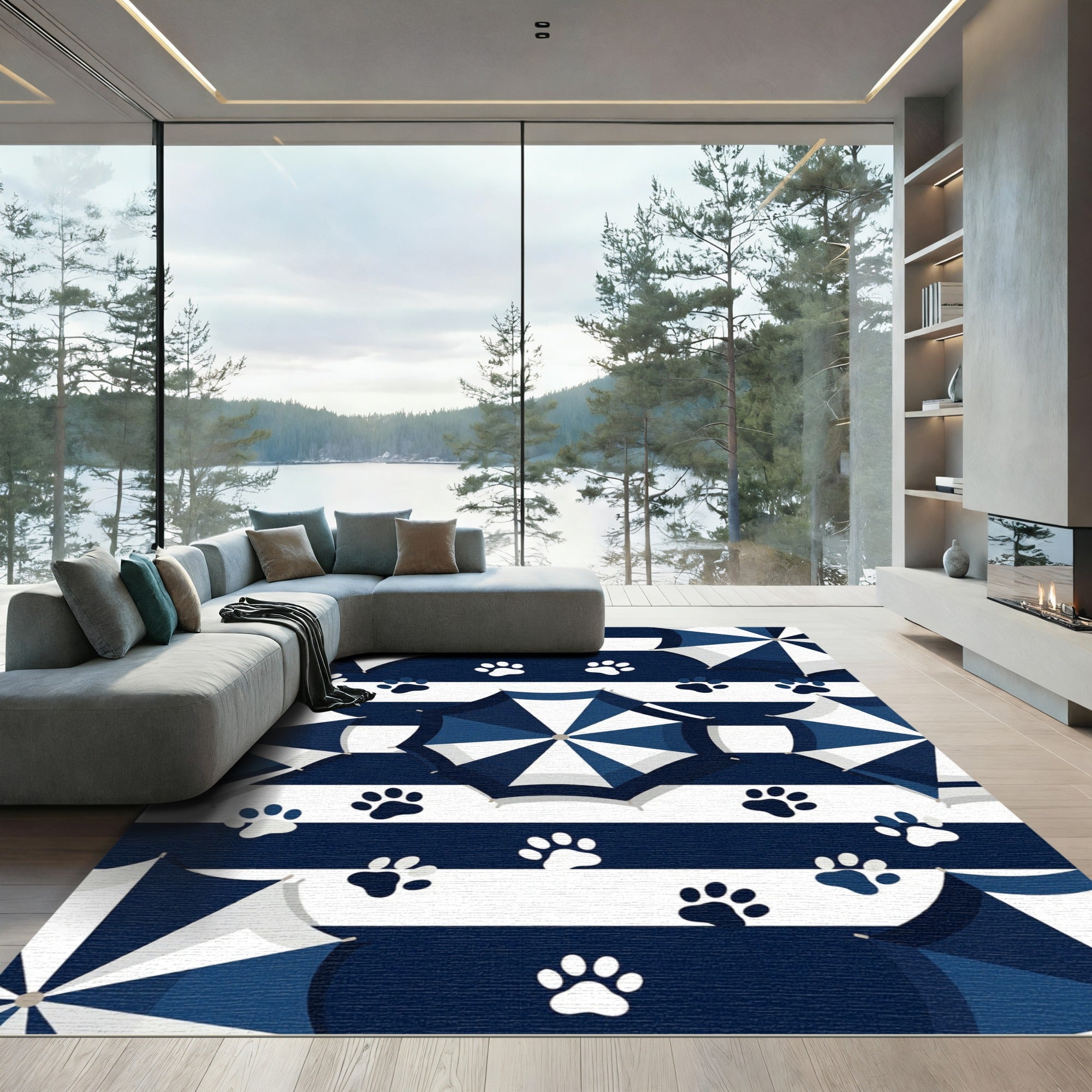 Navy Striped Umbrella and Paw Rug