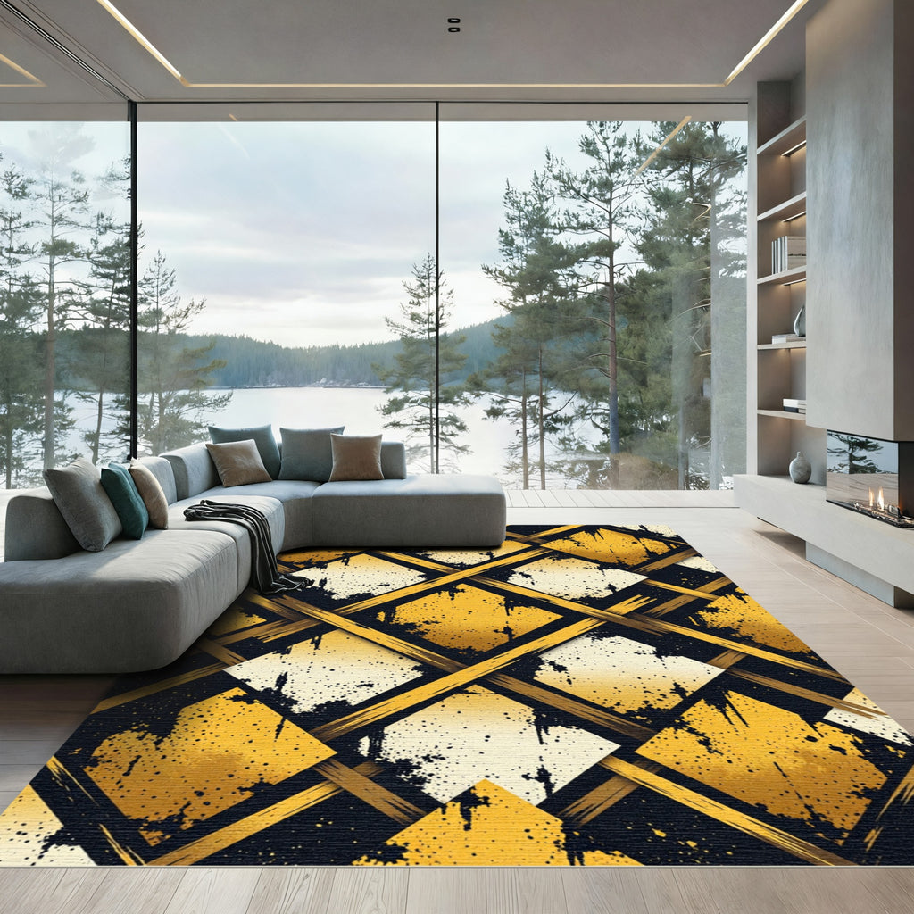 Gold Black Geometric Diamond Weave Rug