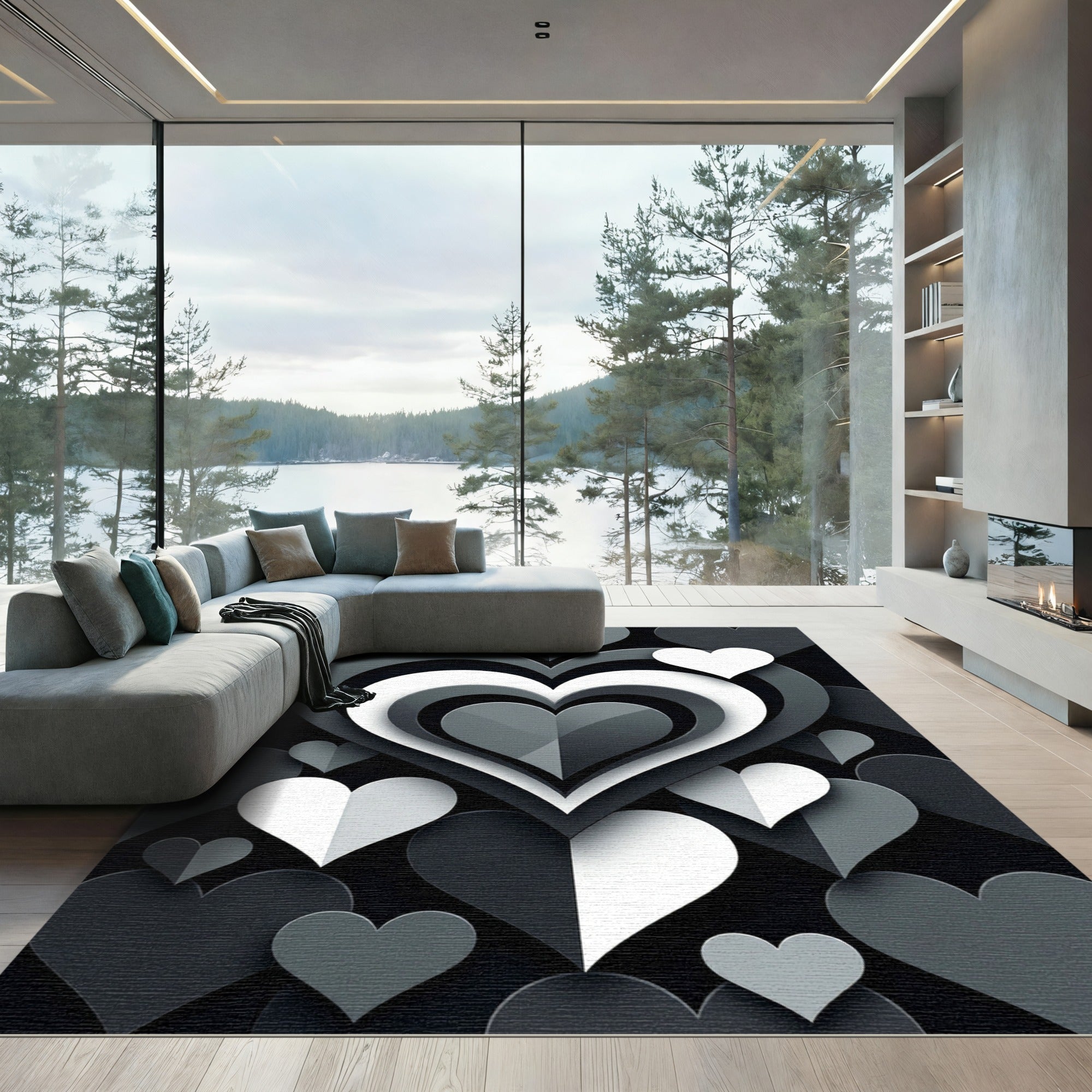 Monochrome Layered Heart Abstract Rug