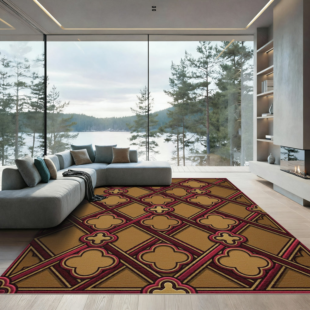 Golden Clover Lattice Red Frame Rug