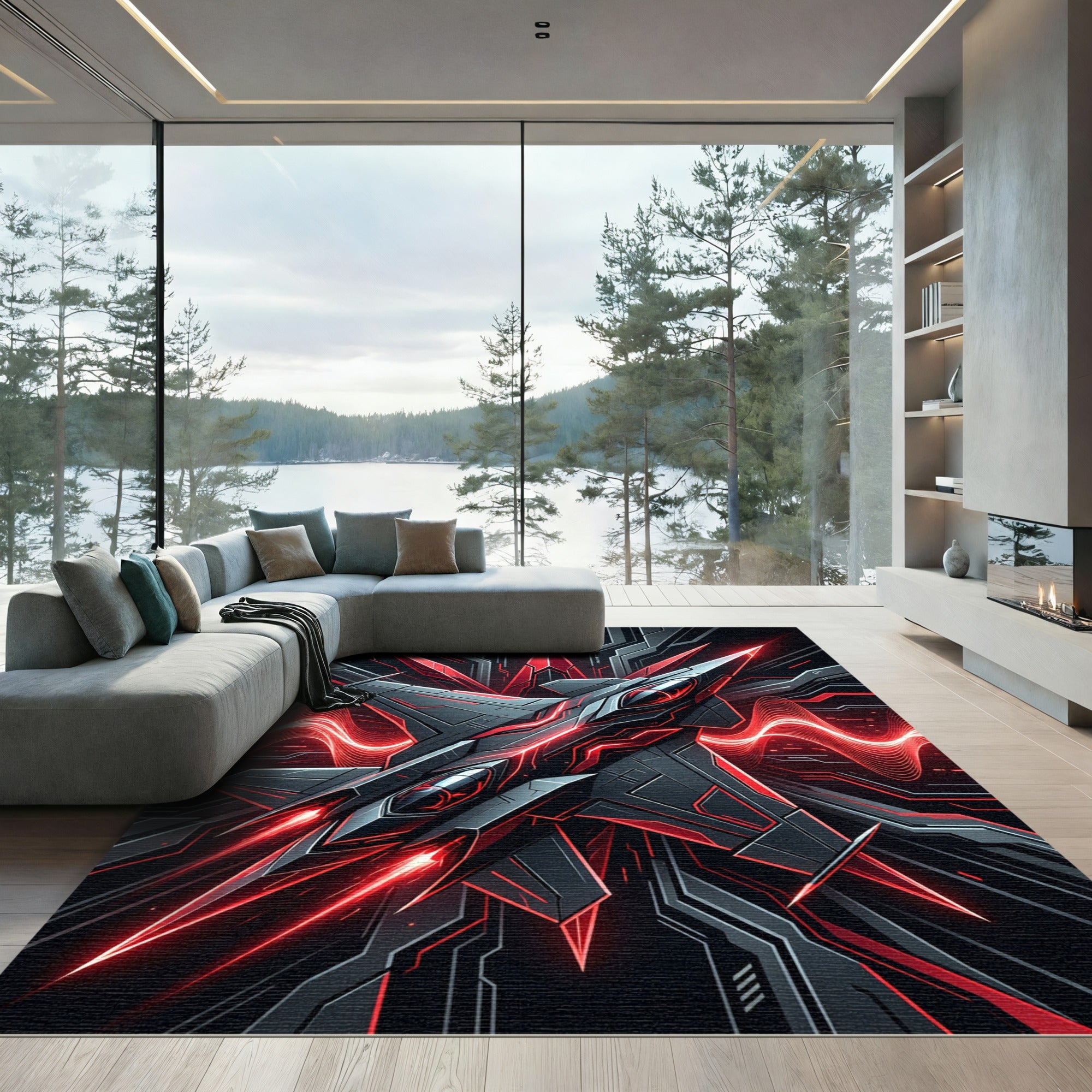 Futuristic Crimson Cyberpunk Fighter Jet Art Rug