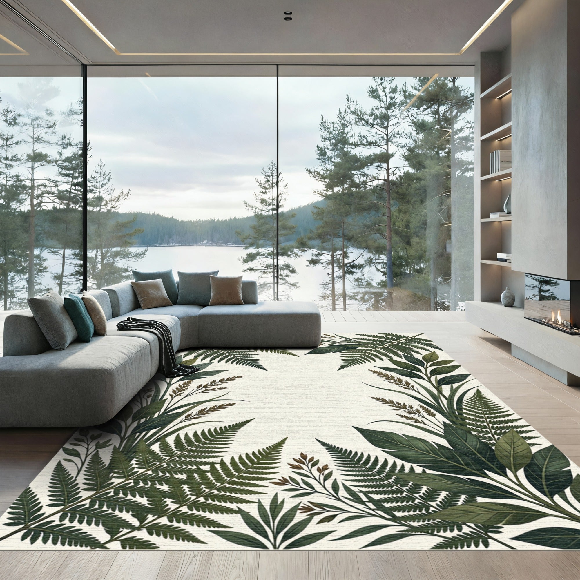 Enchanting Forest Fern Leaf Border Rug