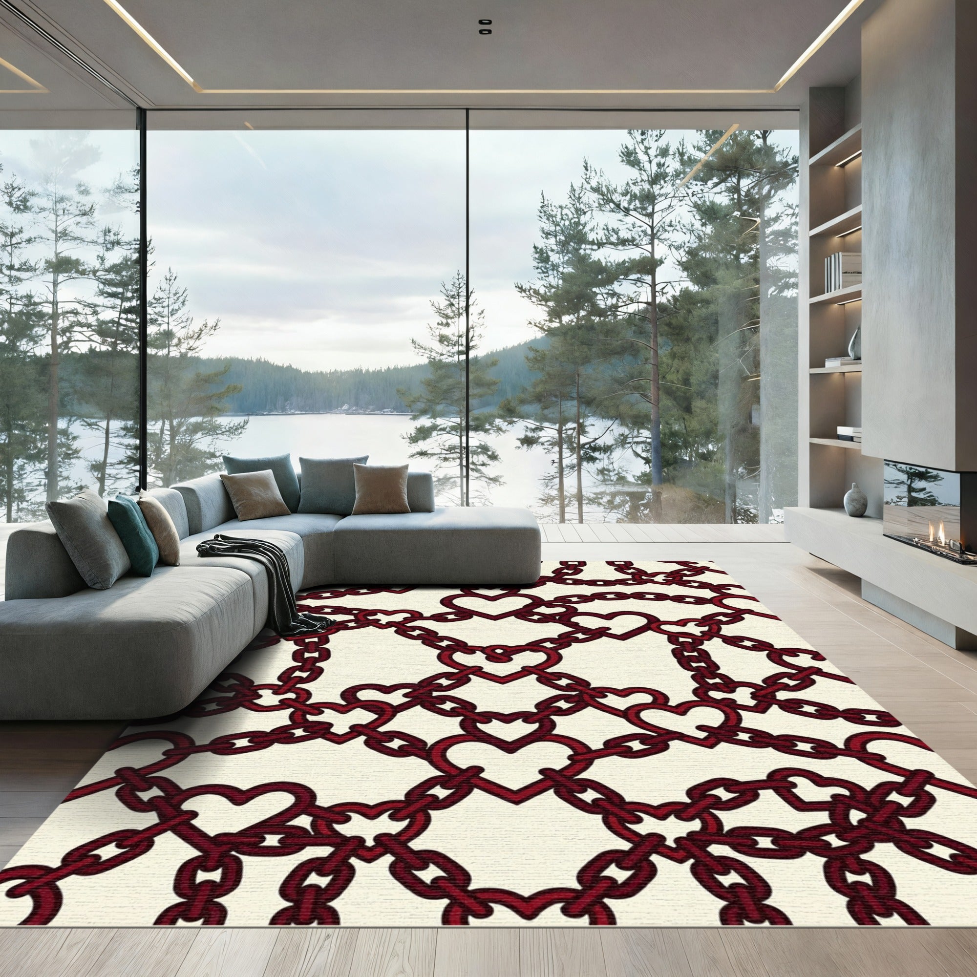 Dark Crimson Interlocking Heart Chain Rug