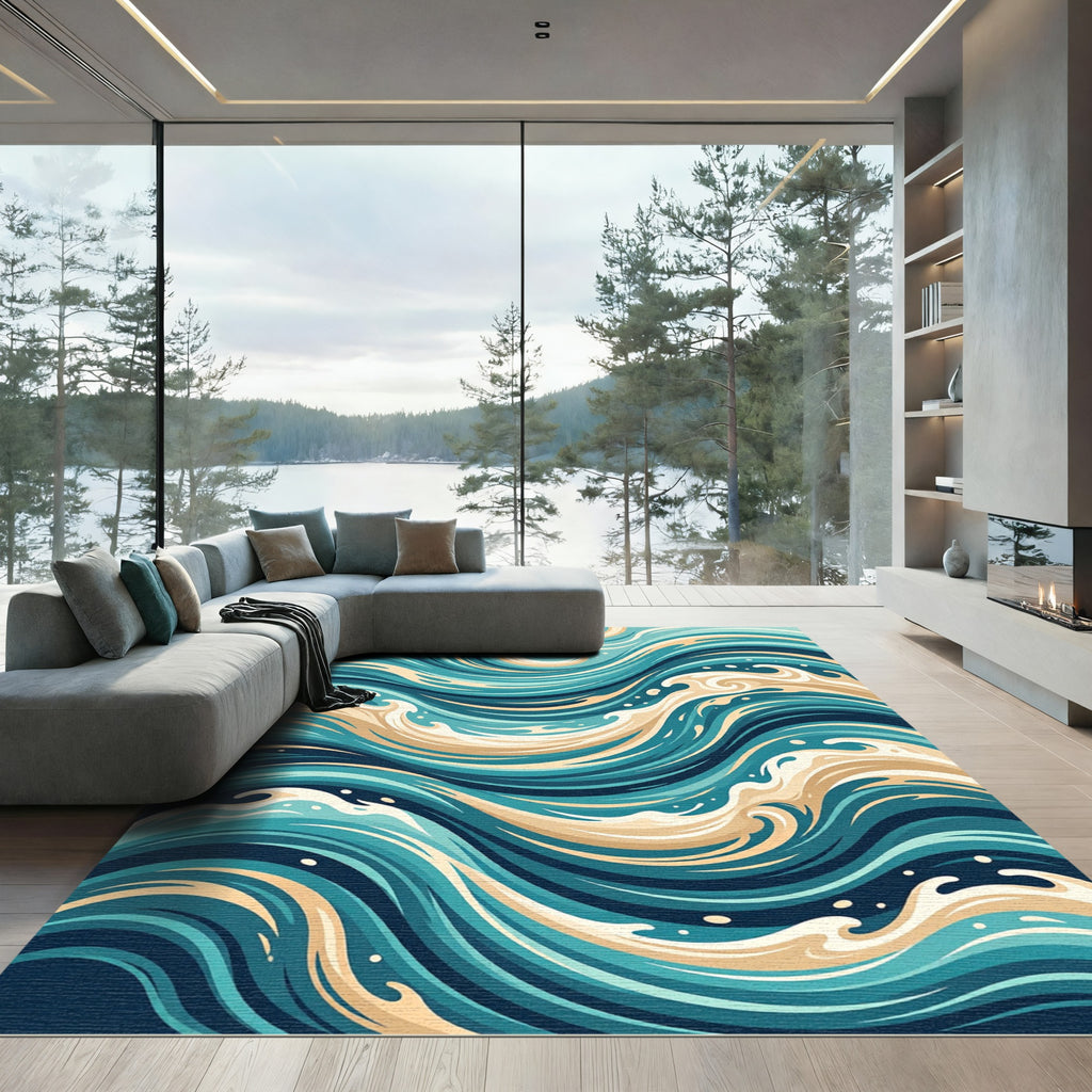 Abstract Teal and Cream Swirling Waves Rug