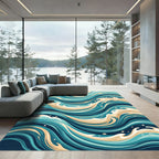 Abstract Teal and Cream Swirling Waves Rug