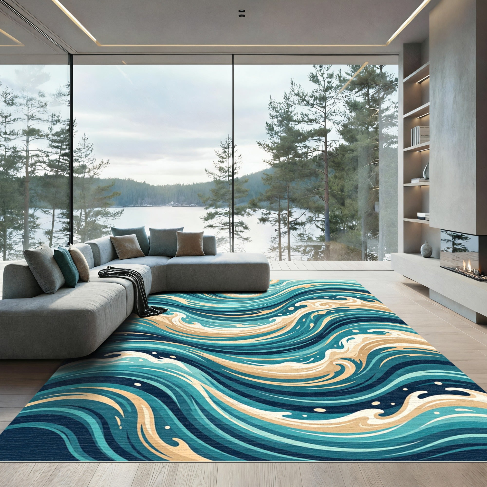 Abstract Teal and Cream Swirling Waves Rug