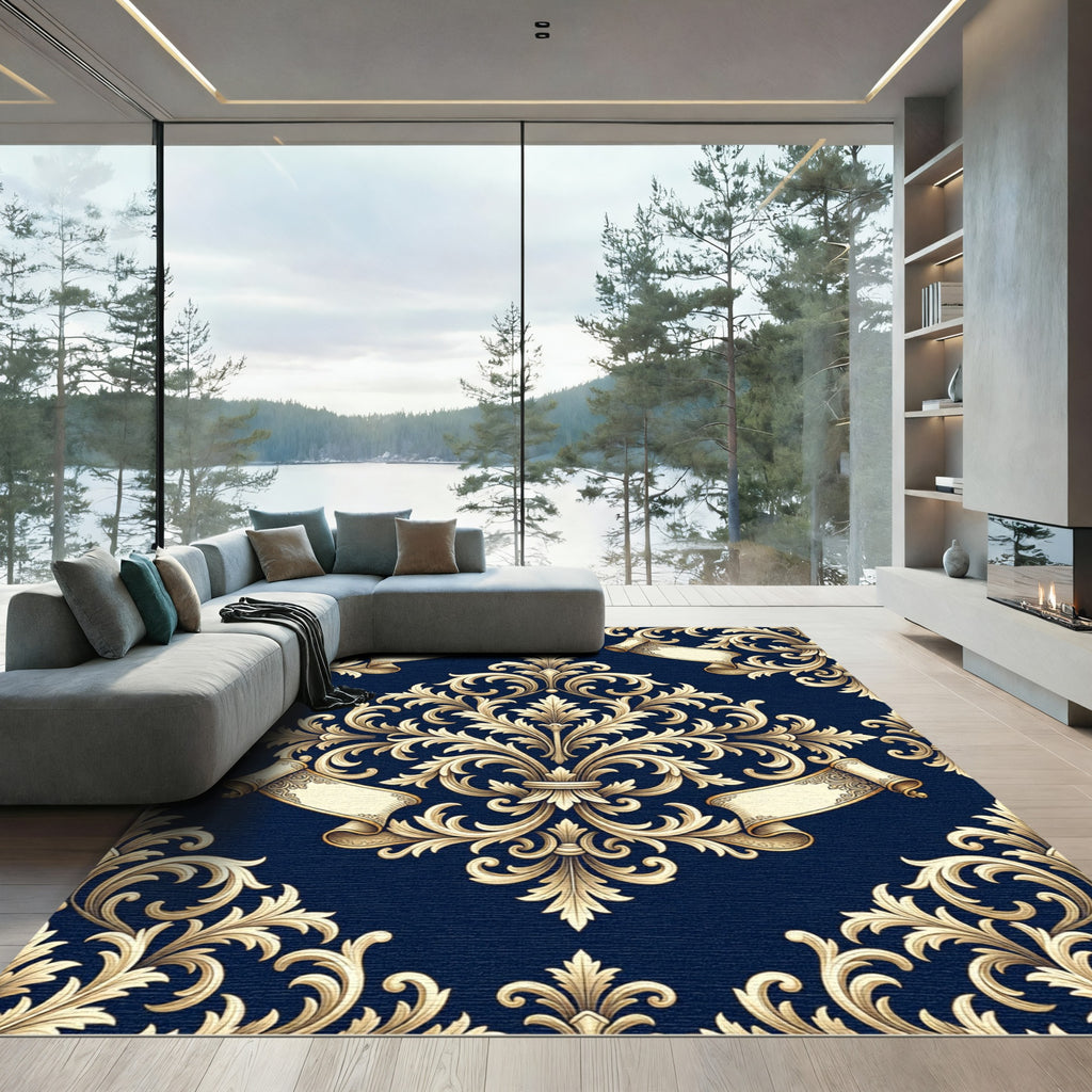 Elegant Navy Gold Baroque Scroll Rug