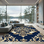 Elegant Navy Gold Baroque Scroll Rug