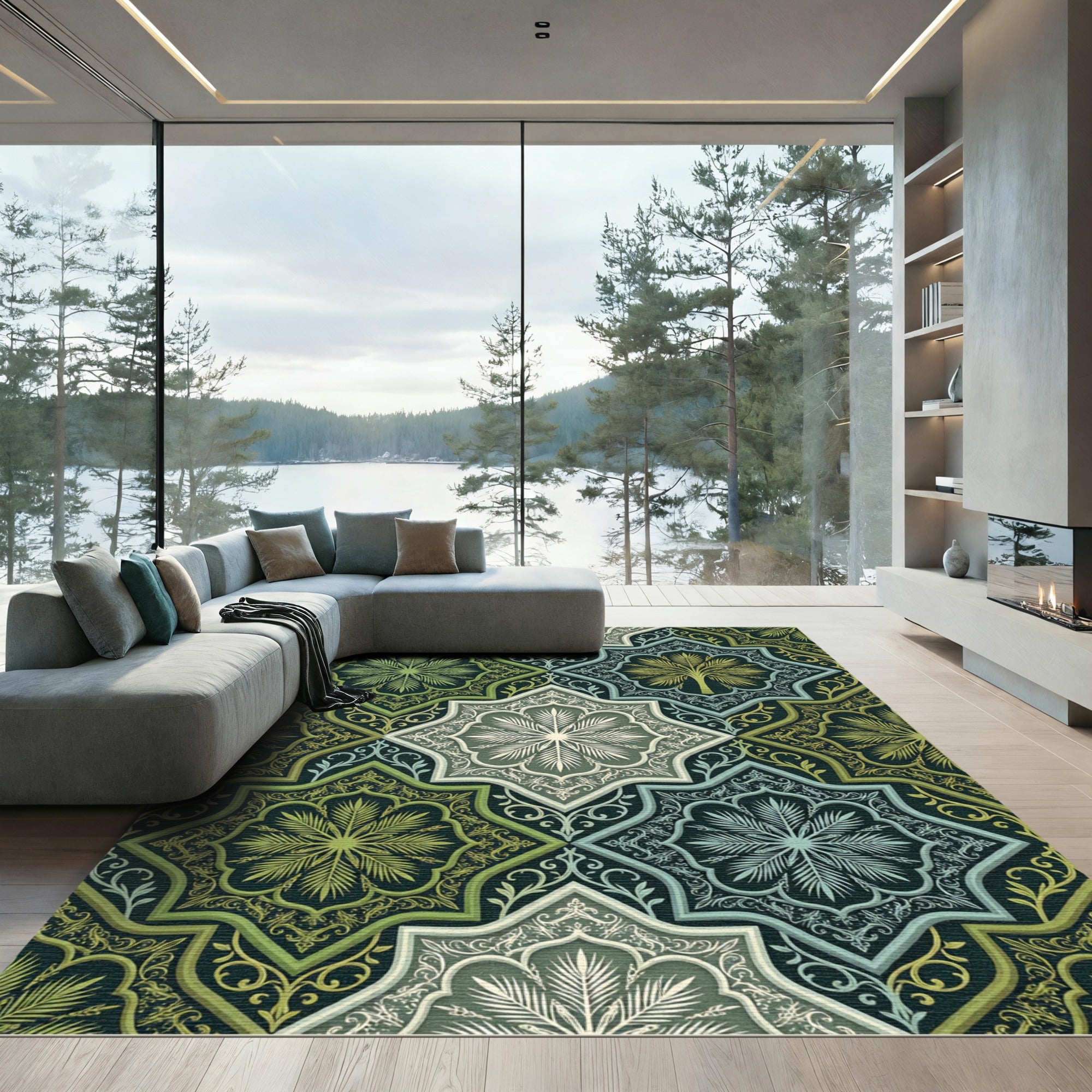 Emerald Green Floral Palmette Medallion Rug