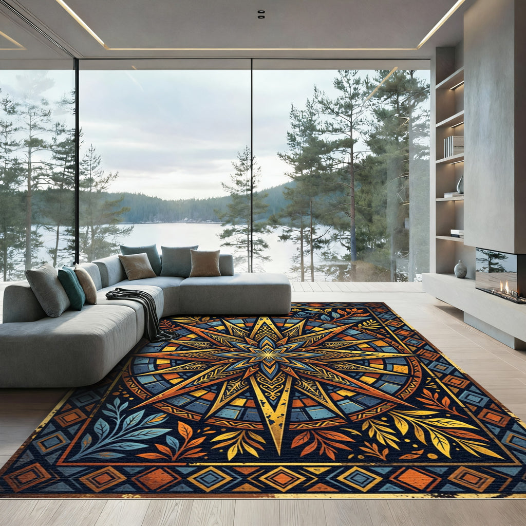 Golden Celestial Star Geometric Art Rug