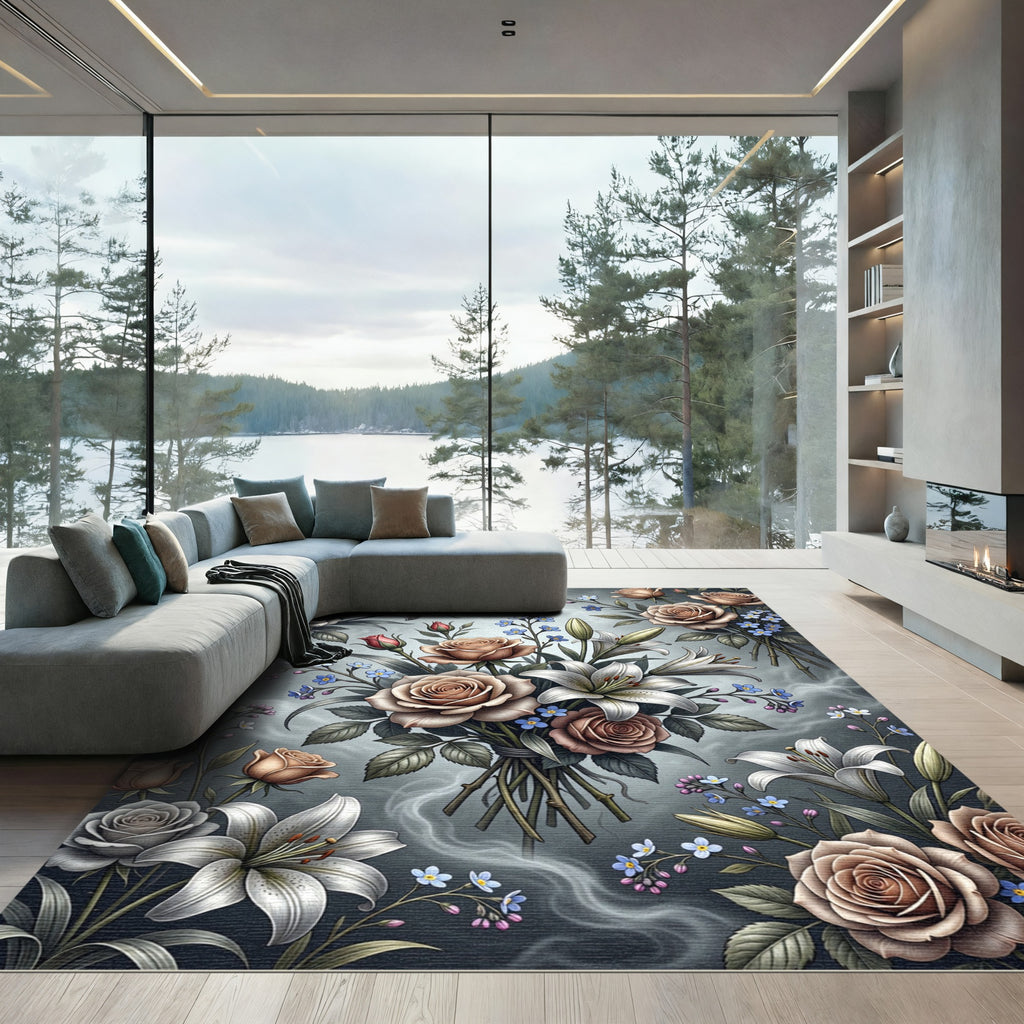 Elegant Muted Floral Bouquet Rose Lily Rug