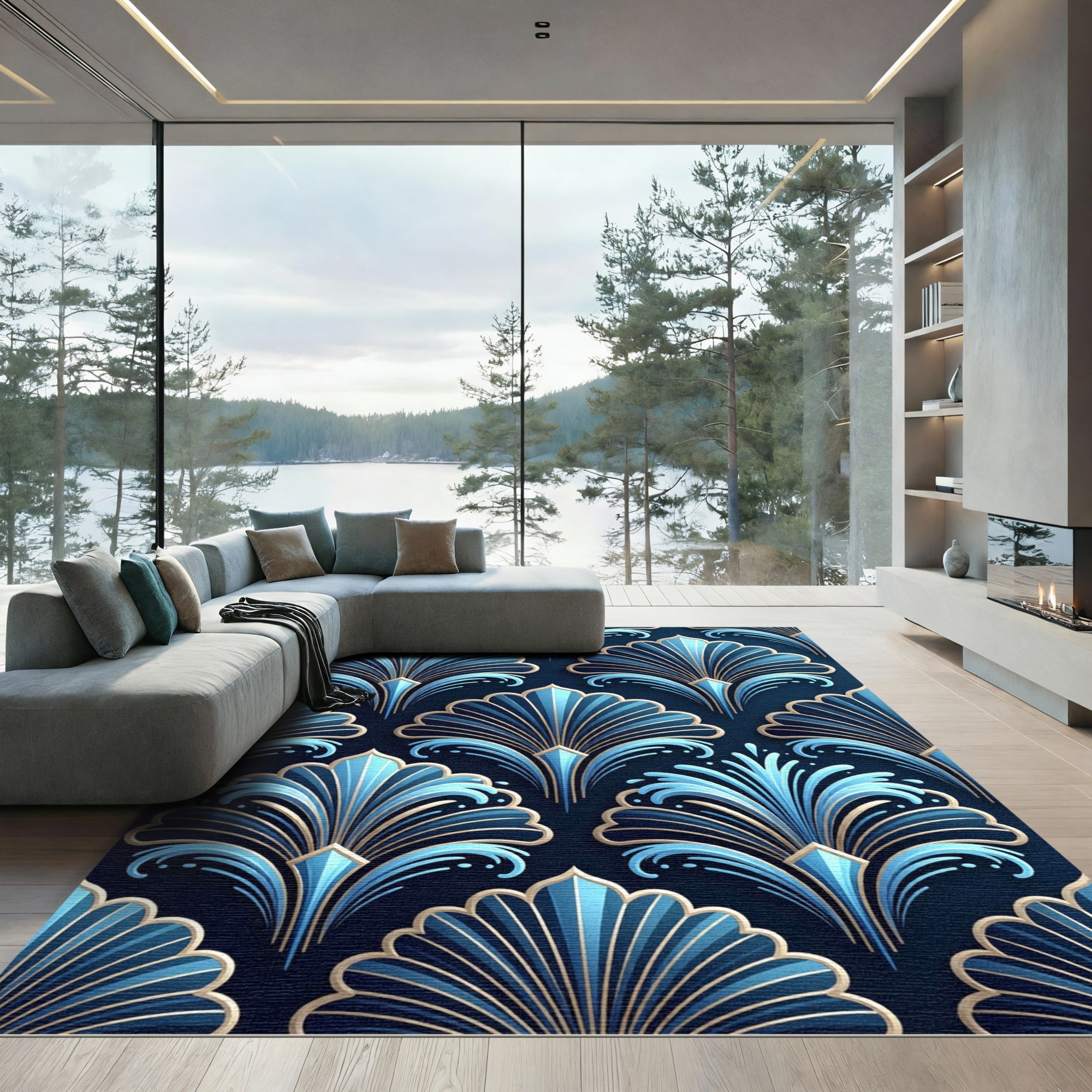 Elegant Blue Golden Art Deco Fan Rug