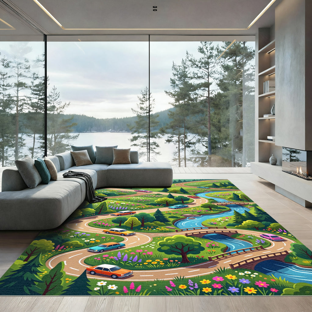 Whimsical Winding Road Forest Landscape Rug