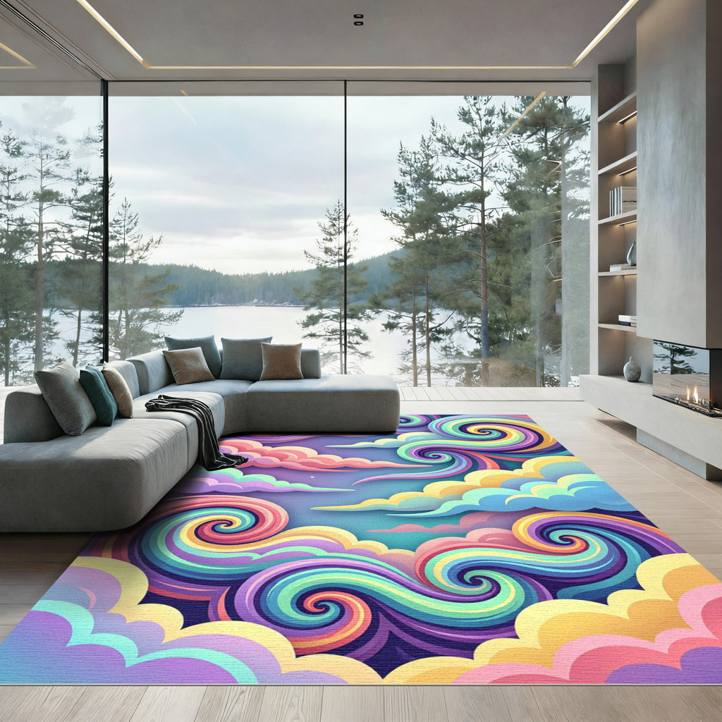 Whimsical Pastel Swirl Sky Rainbow Art Rug