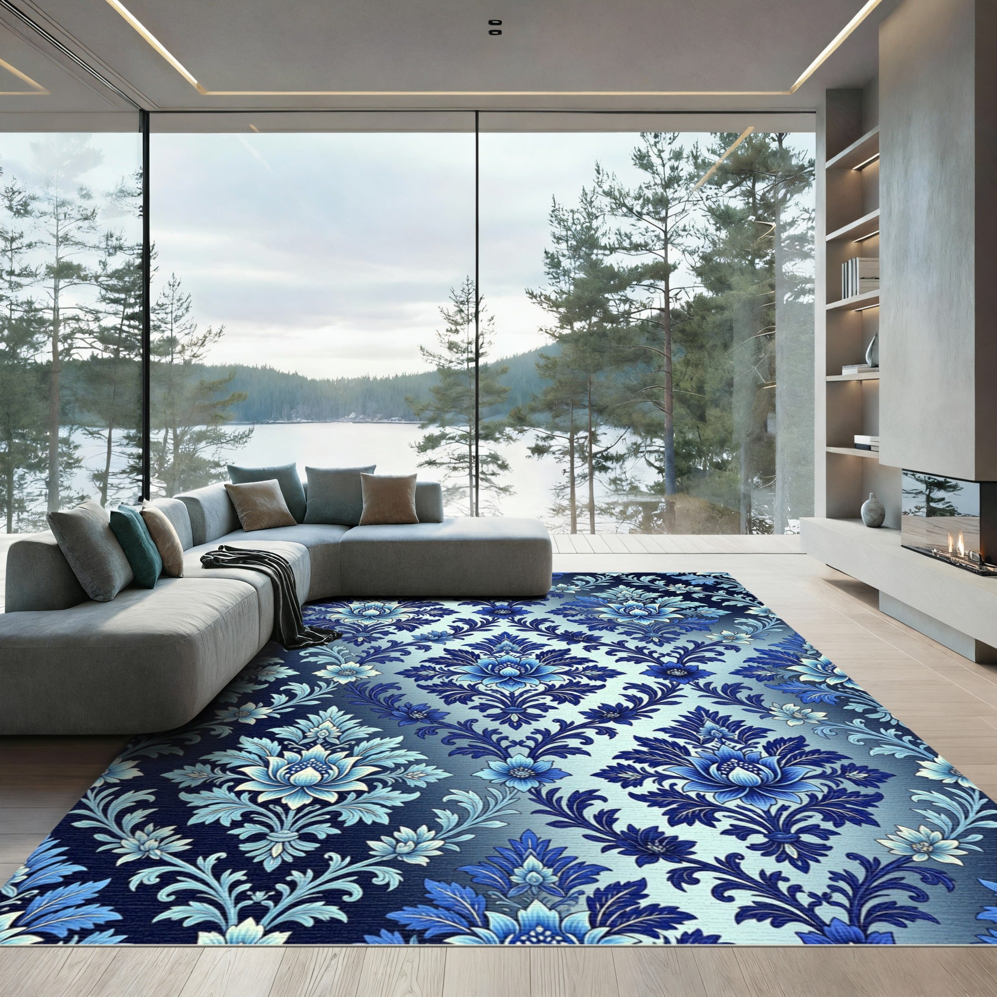 Elegant Navy and Azure Floral Damask Rug
