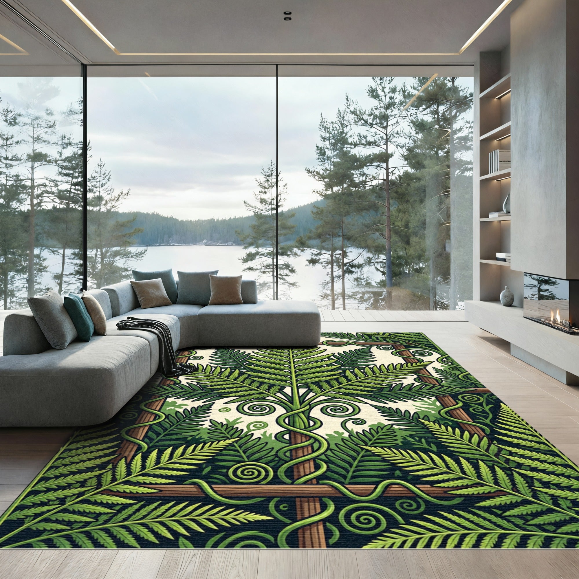 Lush Green Botanical Fern Trellis Art Rug