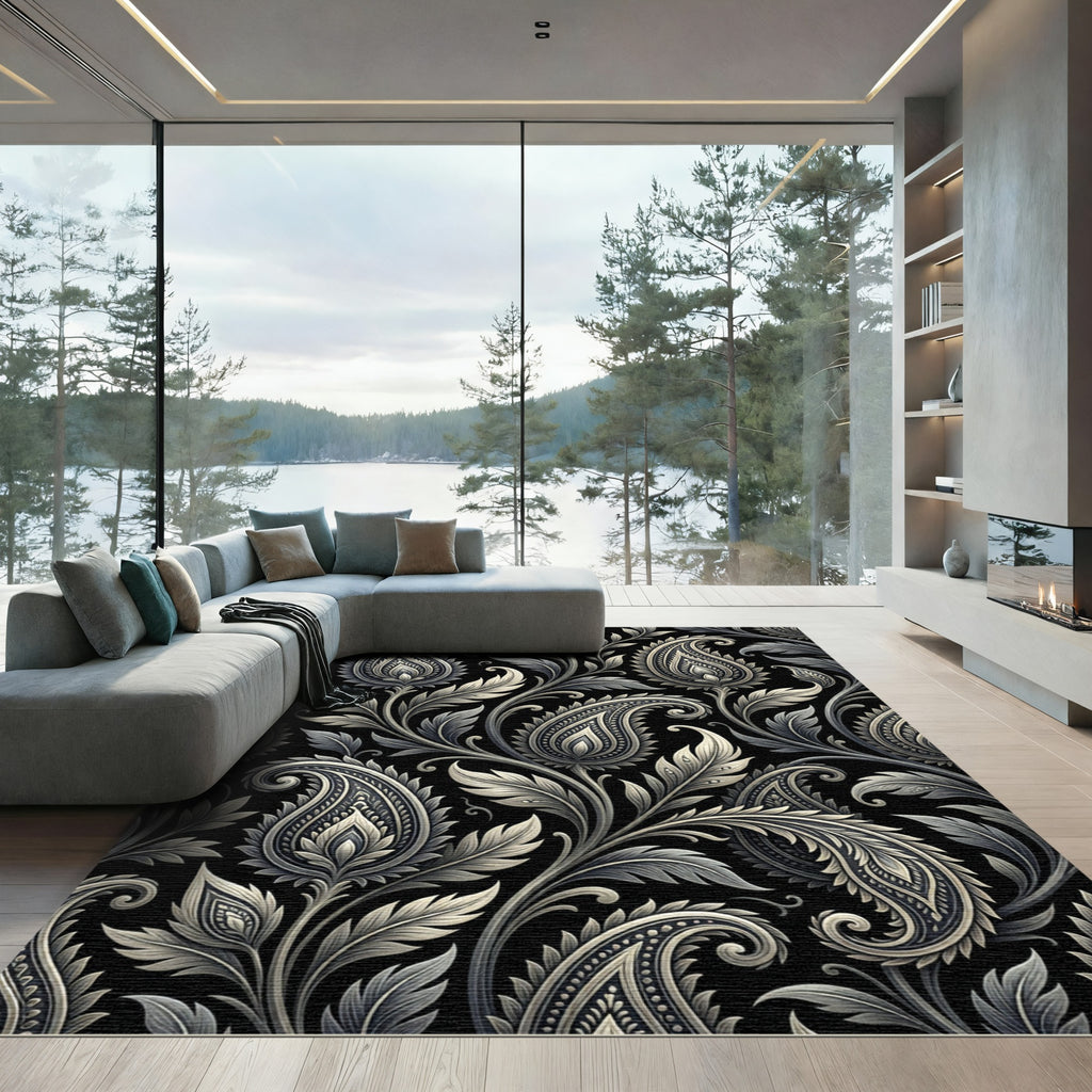 Monochromatic Paisley Floral Scroll Rug