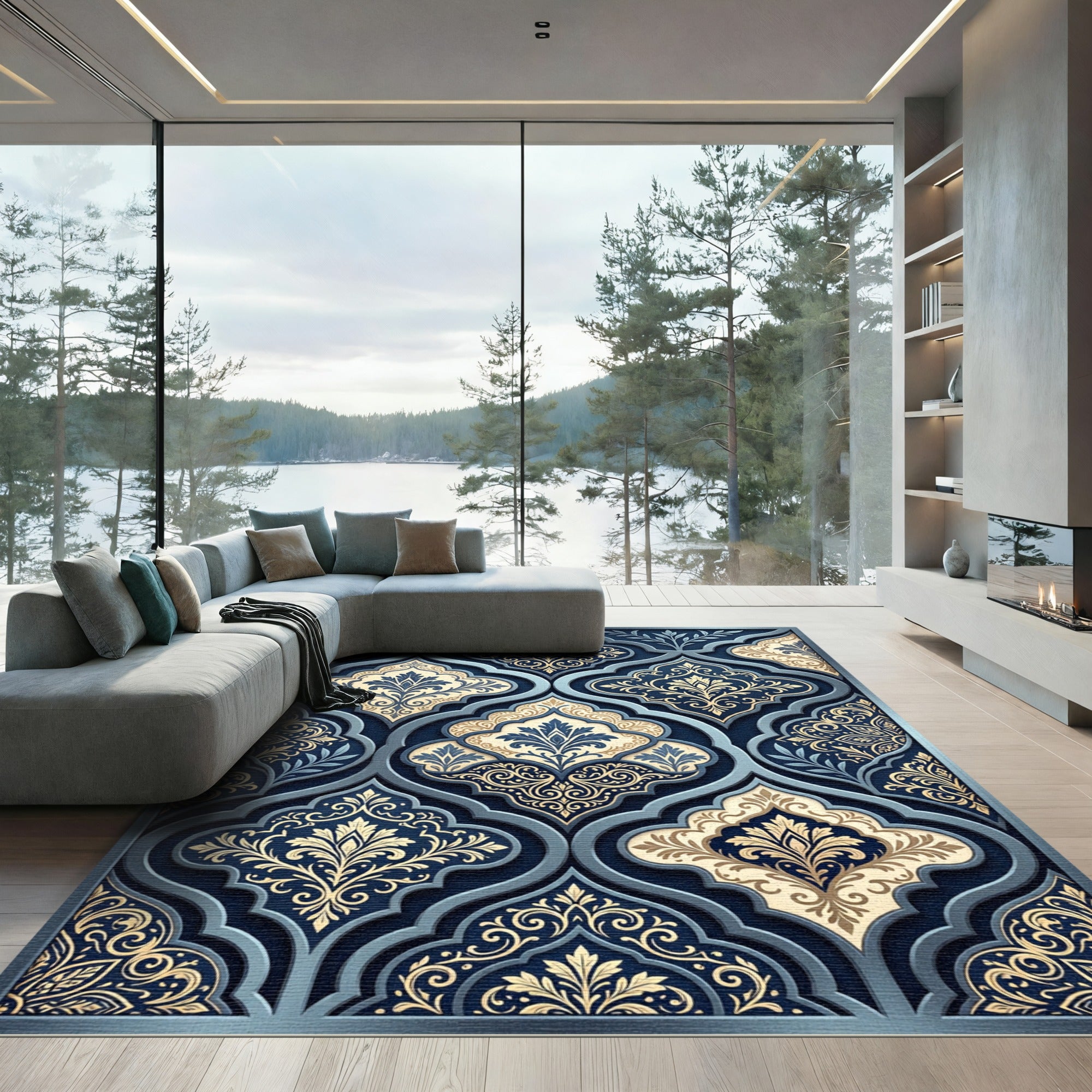 Elegant Navy Gold Damask Scroll Art Rug