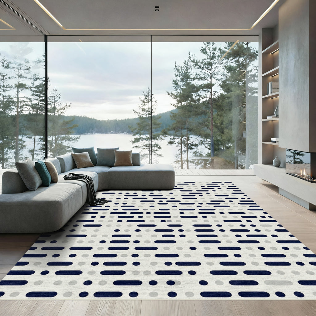 Minimalist Navy Dot and Dash Grid Rug