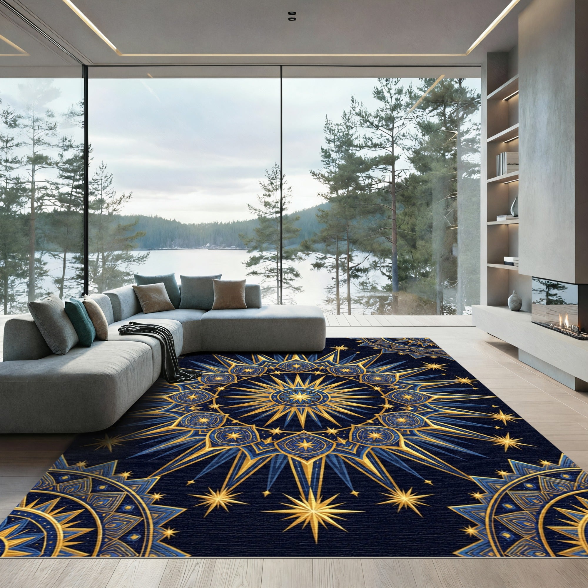 Celestial Gold and Navy Starburst Mandala Rug