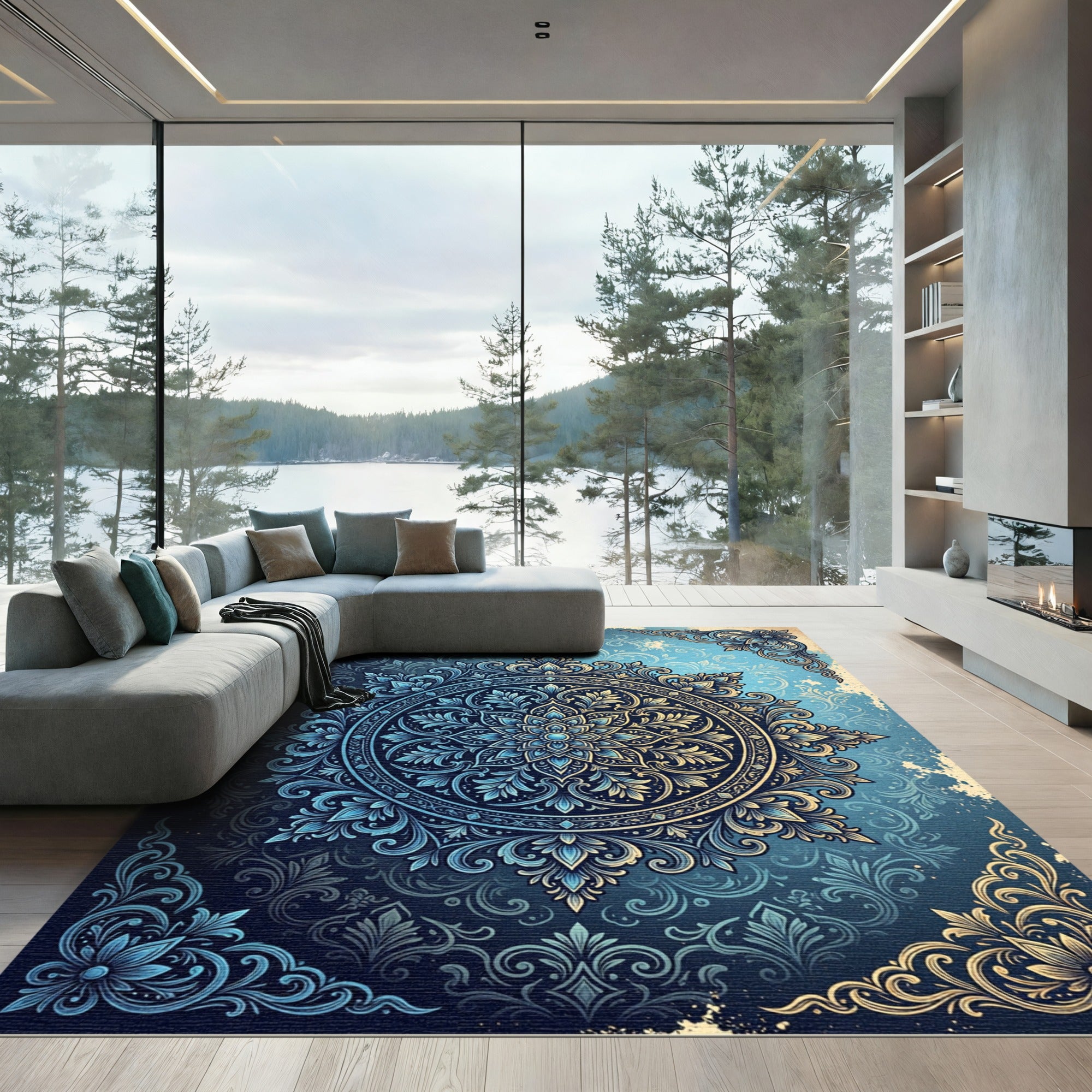 Elegant Navy Golden Floral Medallion Rug