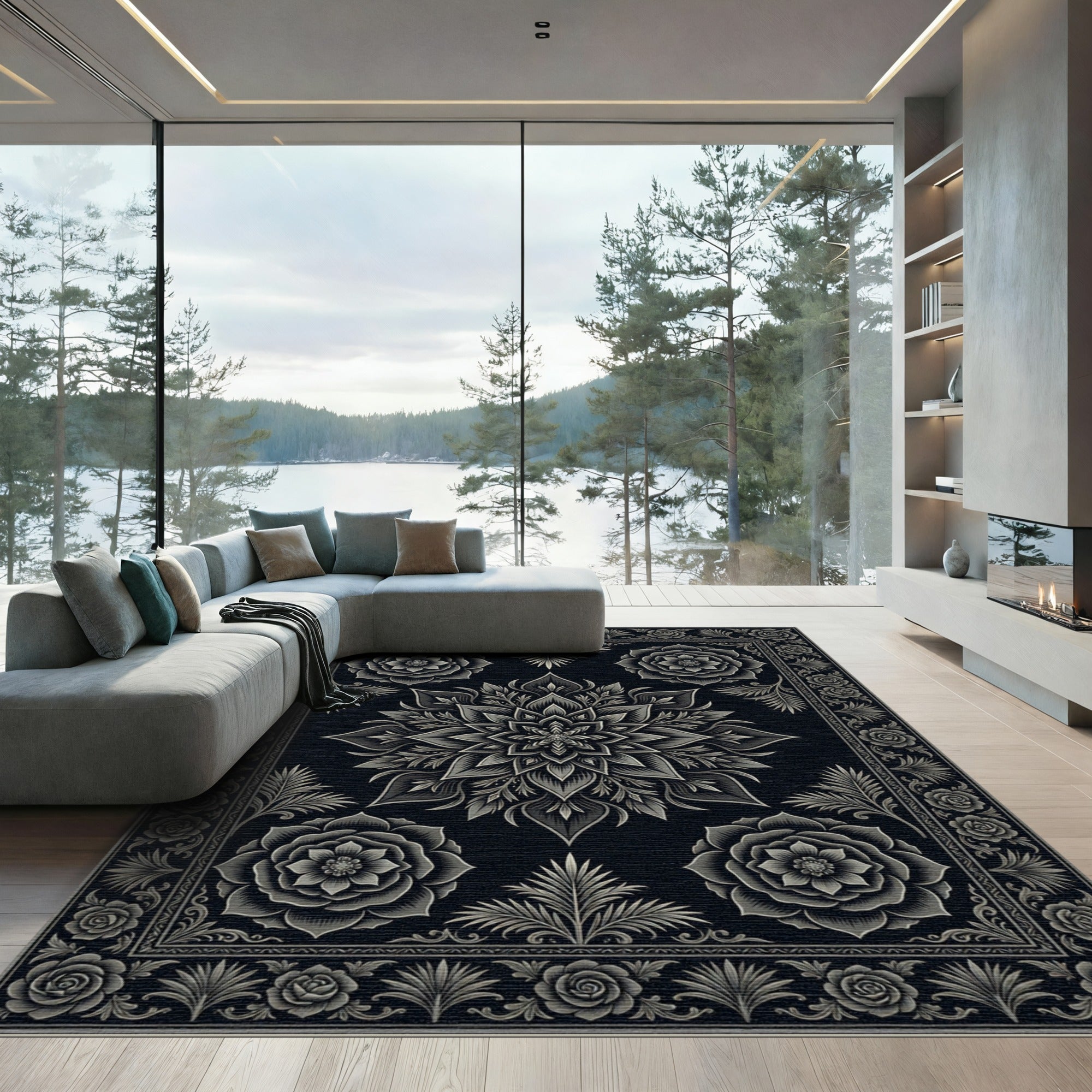 Elegant Charcoal Floral Mandala Medallion Rug
