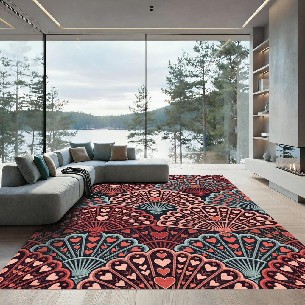 Coral Pink Heart Fan Arrangement Rug